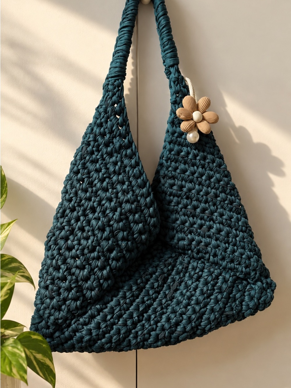 Handmade Deep Teal Crochet Shoulder Bag - Stylish Women’s Tote